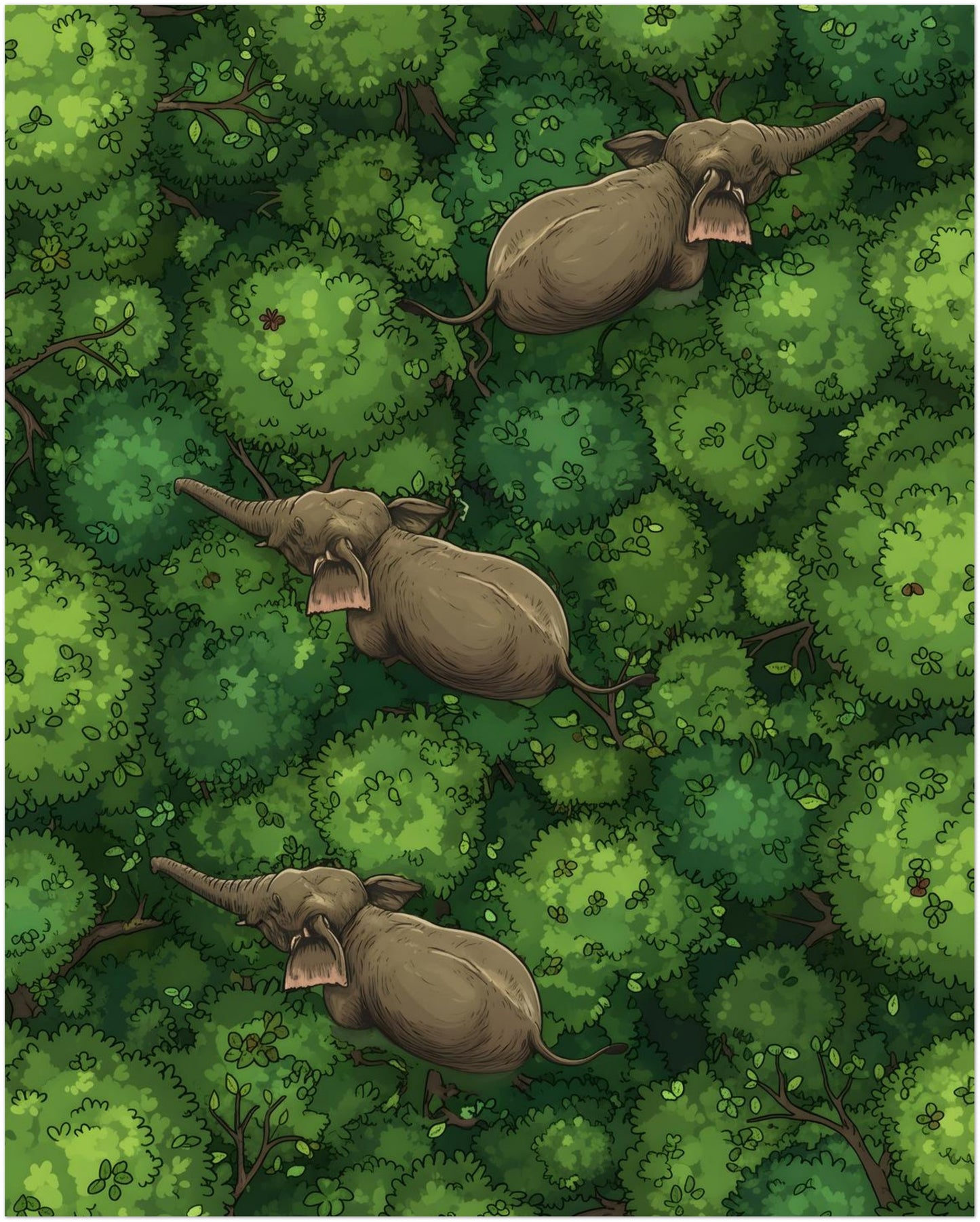 8x10 inch unframed elephant art print featuring three elephants crossing thick green jungle treetops from an aerial view. The vertical composition is filled with leafy canopy textures and earthy elephant tones, giving the artwork a calm but adventurous feel. A strong choice for elephant wall art, jungle wall decor, animal illustration and tropical nature-inspired room styling.