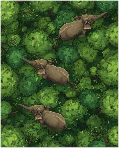 8x10 inch unframed elephant art print featuring three elephants crossing thick green jungle treetops from an aerial view. The vertical composition is filled with leafy canopy textures and earthy elephant tones, giving the artwork a calm but adventurous feel. A strong choice for elephant wall art, jungle wall decor, animal illustration and tropical nature-inspired room styling.