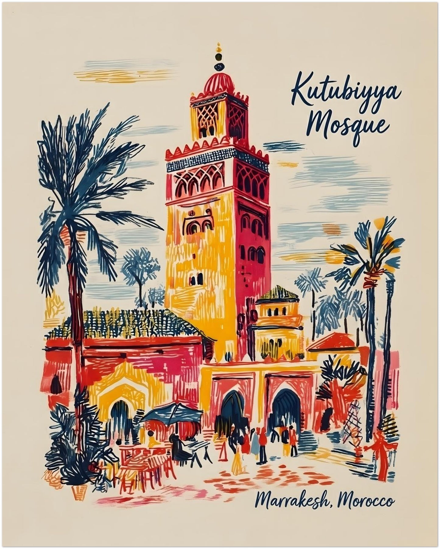8x10 inch unframed Kutubiyya Mosque print featuring a bright Marrakech city scene with palm trees, arches, outdoor seating and the landmark mosque tower. The design uses bold red, yellow, blue and cream sketch lines for a relaxed travel art look. A versatile Morocco print size for shelves, desks, bedrooms or gallery wall layouts needing colourful Marrakech wall art with clear architectural detail.
