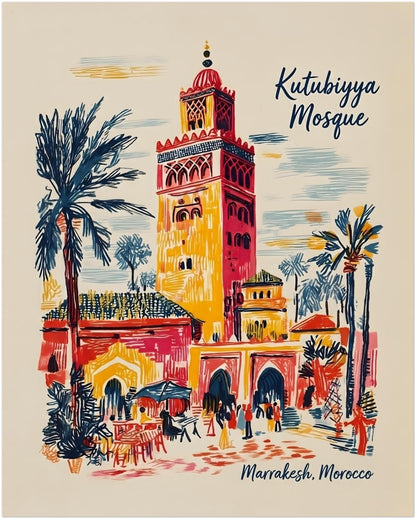 8x10 inch unframed Kutubiyya Mosque print featuring a bright Marrakech city scene with palm trees, arches, outdoor seating and the landmark mosque tower. The design uses bold red, yellow, blue and cream sketch lines for a relaxed travel art look. A versatile Morocco print size for shelves, desks, bedrooms or gallery wall layouts needing colourful Marrakech wall art with clear architectural detail.