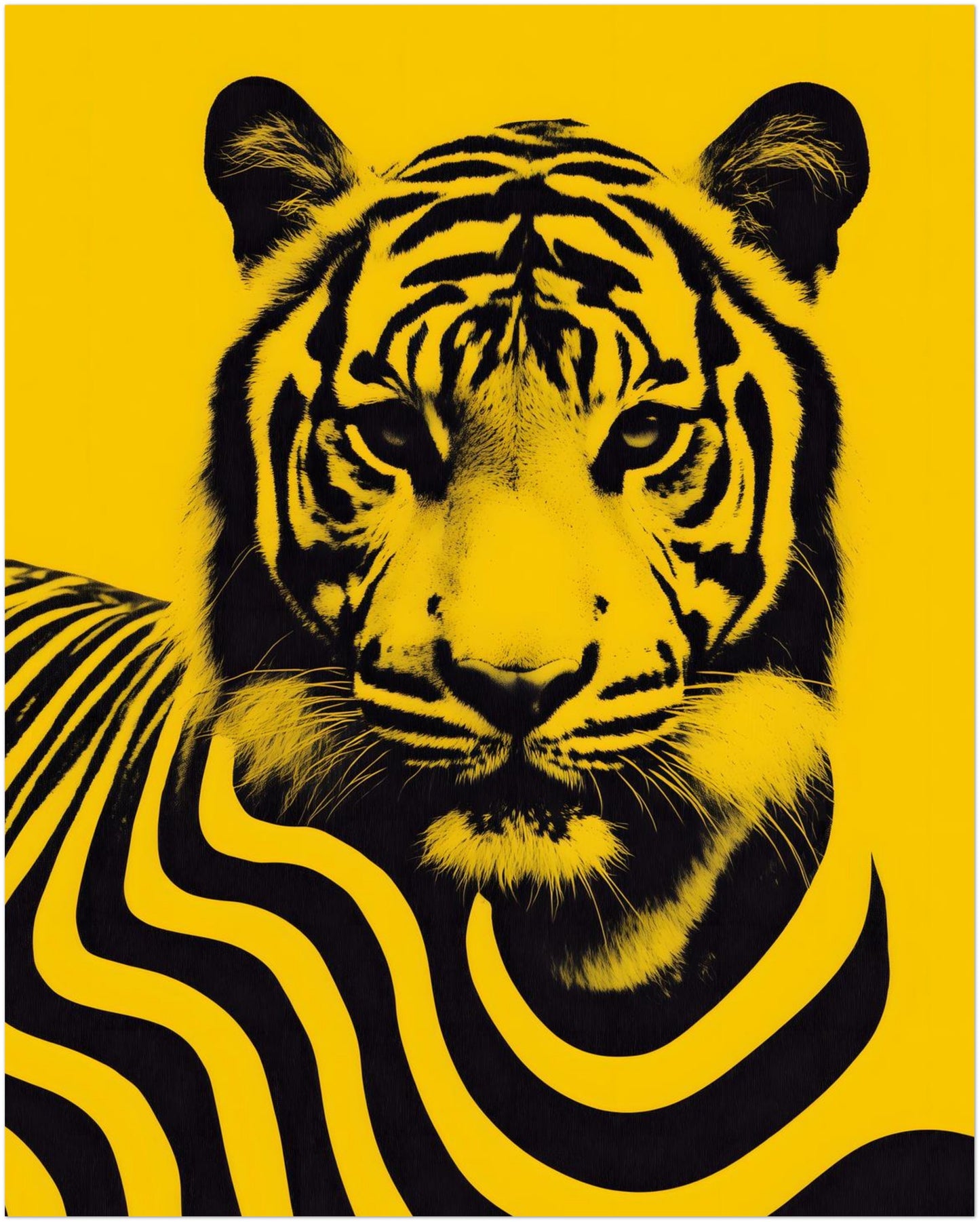 8x10 inch unframed Malaysian tiger wall art poster featuring a bold black tiger portrait with stylised flowing stripe graphics across the body set against a vivid yellow background. Inspired by Malaysia’s national animal, the contemporary wildlife artwork combines graphic illustration with strong contrast to create a striking decorative poster.