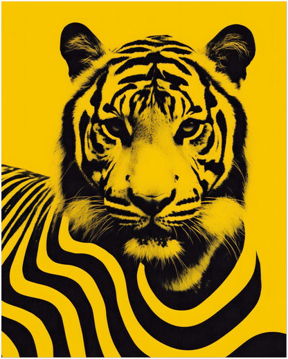 8x10 inch unframed Malaysian tiger wall art poster featuring a bold black tiger portrait with stylised flowing stripe graphics across the body set against a vivid yellow background. Inspired by Malaysia’s national animal, the contemporary wildlife artwork combines graphic illustration with strong contrast to create a striking decorative poster.