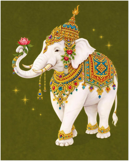 8x10 inch unframed Thai royal white elephant art print depicting a sacred white elephant adorned with gold headpiece and richly coloured Thai ceremonial textiles. The trunk gently holds a pink lotus flower. Olive green background with subtle golden star details enhances the decorative vertical composition inspired by Thai royal tradition.