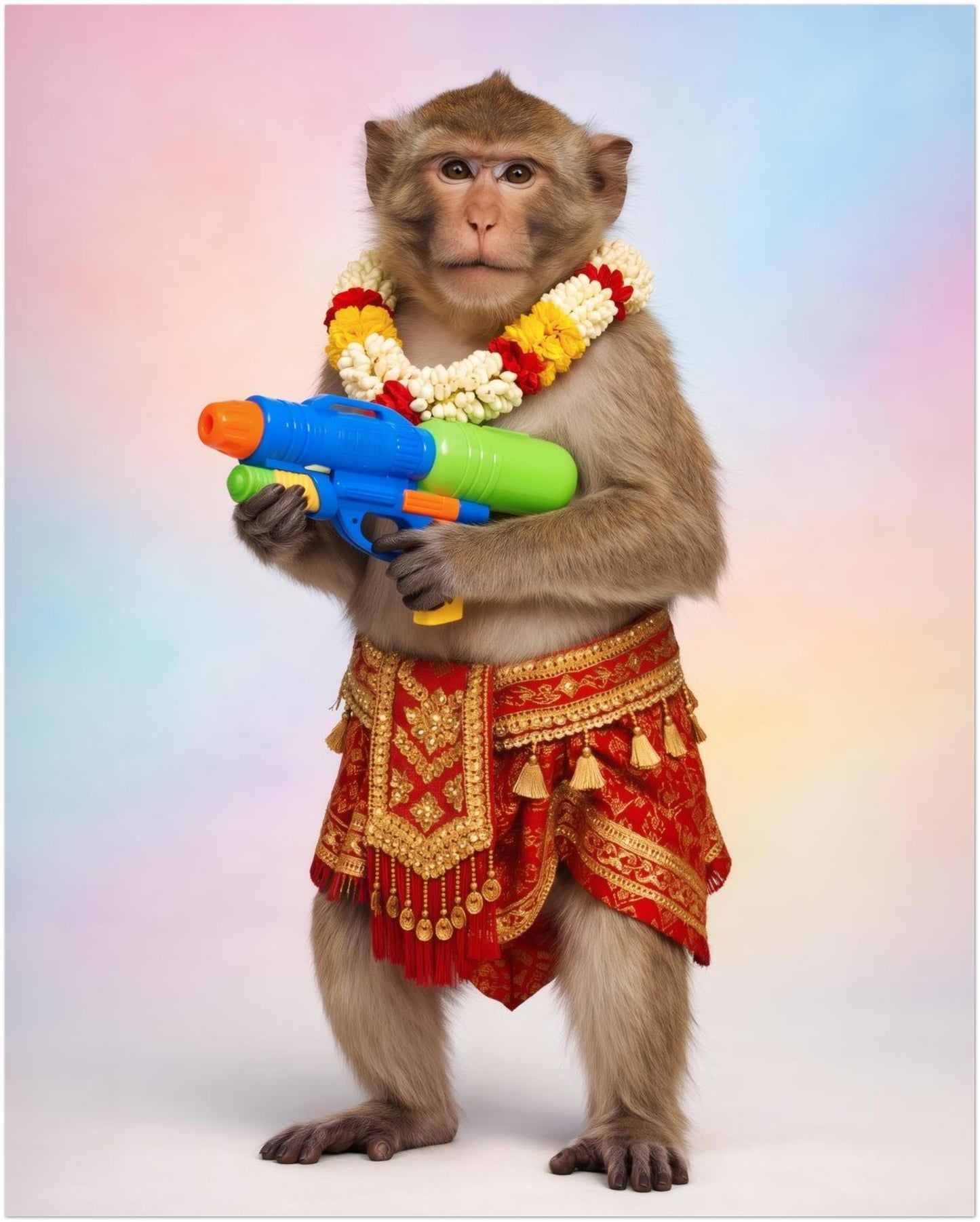 8x10 inch unframed Thai Songkran Monkey print displayed as a front-facing product image with a soft pastel background. The design shows a monkey in ornate red and gold Thai clothing, a flower garland around its neck, and a bright toy water gun in blue, green and orange. A colourful monkey wall art option for Thailand poster searches, Thai poster listings, festival decor and animal print displays.