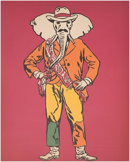8x10 inch unframed Elephant Cowboy poster featuring an elephant in a cowboy hat, orange jacket, sash, yellow trousers and boots against a bold red background. The artwork mixes funny animal wall art with Wild West style, making it a strong fit for eclectic decor, western wall art collections, office shelves, small gallery walls and character-led room styling.