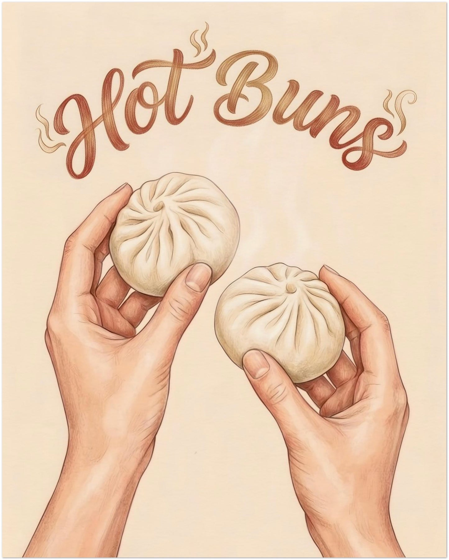 8x10 inch unframed Hot Buns print featuring two hands holding soft steamed buns under curved brown script text on a beige background. The soft neutral colours and hand drawn style give it a clean modern look, while the playful food theme adds character. A strong option for asian kitchen wall art, foodie wall art, breakfast corner styling, or a small modern kitchen needing simple food-inspired decor.
