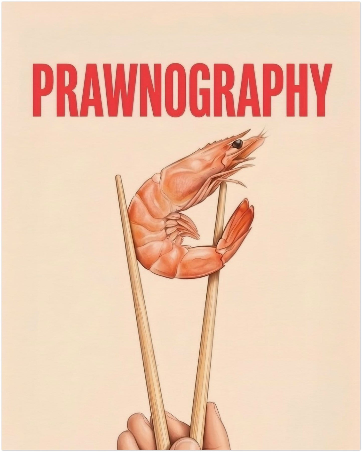 8x10 inch unframed Prawnography shrimp food poster with a prawn held in chopsticks and large red PRAWNOGRAPHY text at the top. The artwork uses a soft cream background and clean composition for a bold but simple look. A funny kitchen print with modern typography, seafood humour and Asian food influence, suited to shelves, dining rooms and contemporary wall displays.