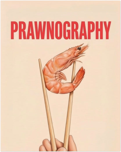 8x10 inch unframed Prawnography shrimp food poster with a prawn held in chopsticks and large red PRAWNOGRAPHY text at the top. The artwork uses a soft cream background and clean composition for a bold but simple look. A funny kitchen print with modern typography, seafood humour and Asian food influence, suited to shelves, dining rooms and contemporary wall displays.