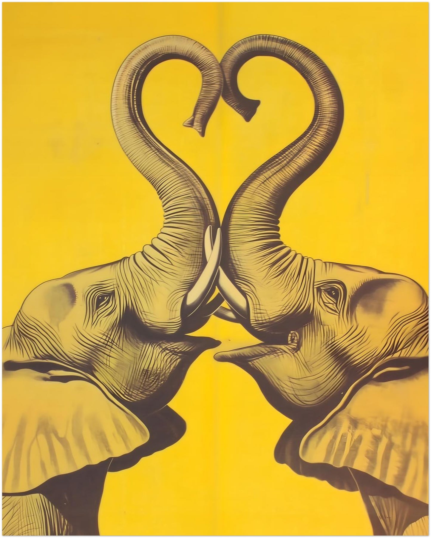 8x10 unframed yellow elephant heart poster displayed as a straight product image on a white background. The design shows two mirrored elephants facing each other, their trunks lifted into a heart shape with dark etched linework across a strong yellow field. Clear product image for elephant wall art, elephant print, yellow elephant poster, romantic animal wall decor, and Southeast Asian elephant art related searches.