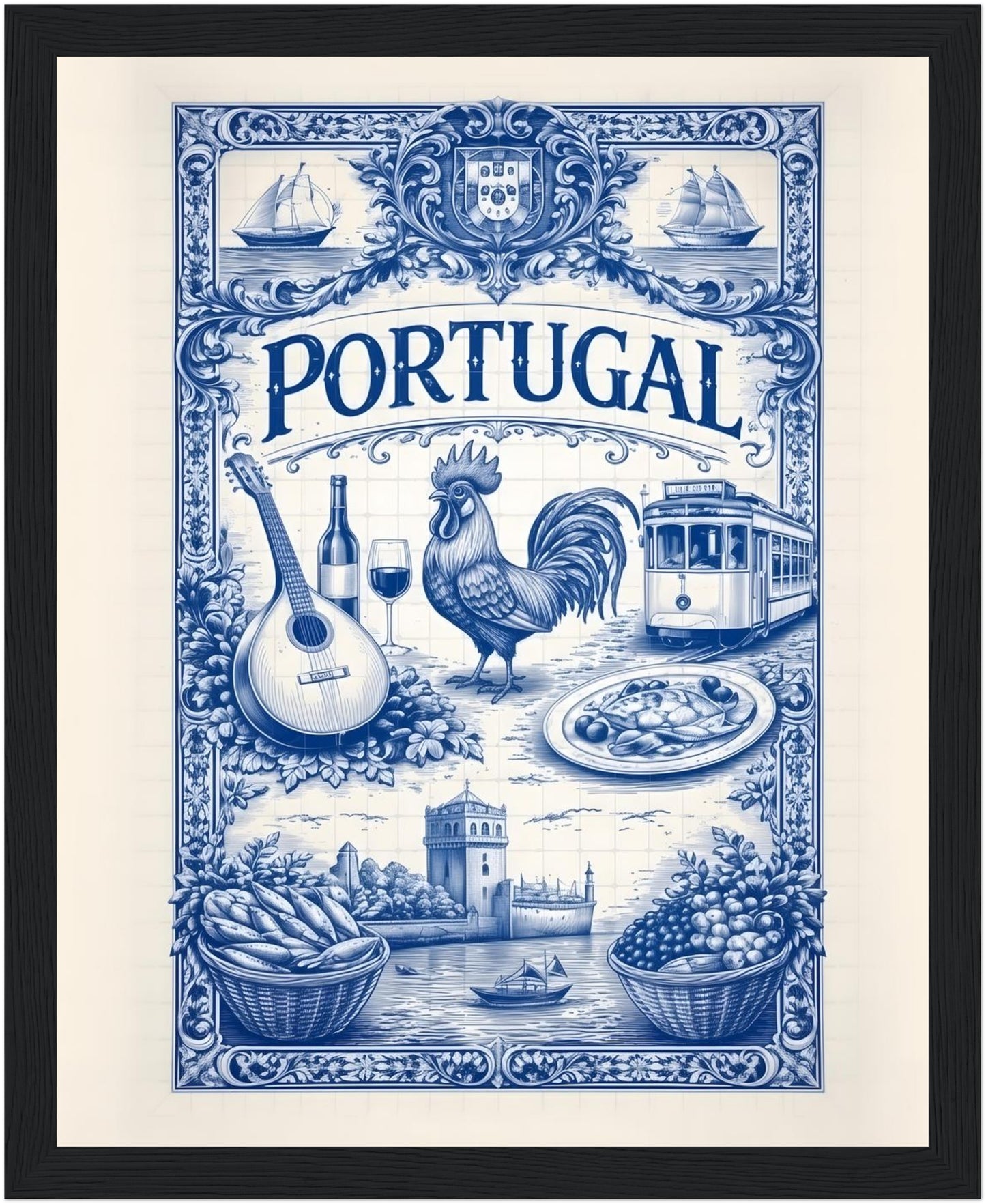 8x10 inch framed Portuguese tile art poster in a black wood frame, featuring blue azulejo illustration.