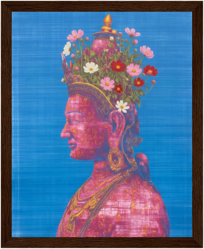 8x10 inch pink and green Tara Buddhist art print in a dark wood frame, depicting a serene pink Tara figure.