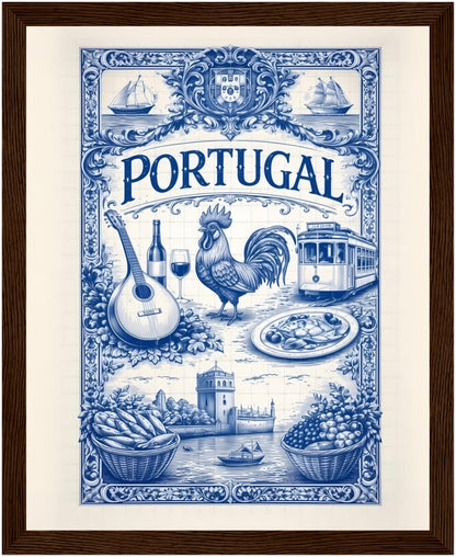 8x10 inch framed portugal azulejo poster in a dark wood frame, showcasing classic Portuguese tile art.