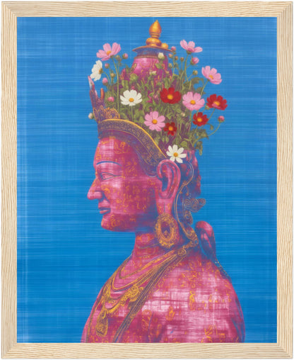 8x10 inch pink and green Tara Buddhist art print in a natural wood frame, featuring a pink Tara Buddhist profile portrait.