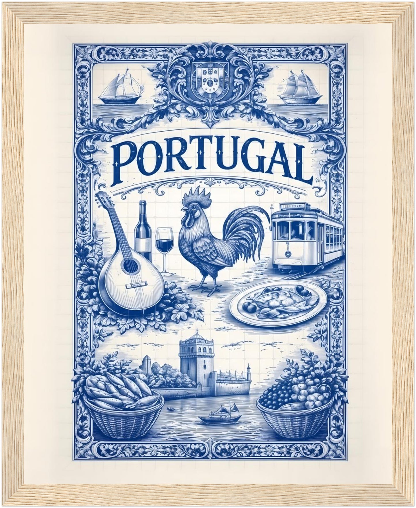 8x10 inch framed portuguese tile art print in a natural wood frame, inspired by Portugal traditions.