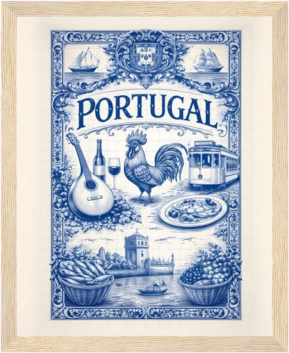8x10 inch framed portuguese tile art print in a natural wood frame, inspired by Portugal traditions.