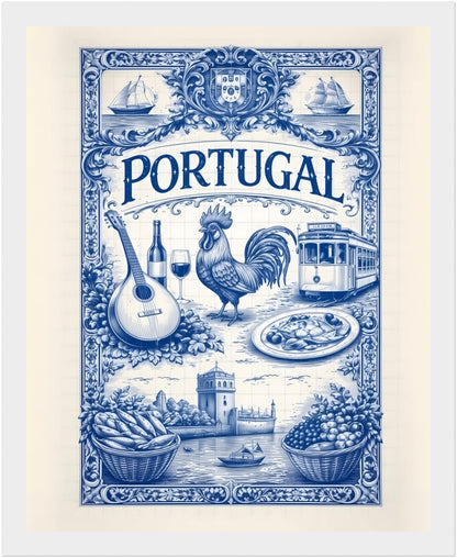 8x10 inch framed Portugal art poster in a white wood frame, featuring blue azulejo tile artwork with Portuguese cultural symbols.