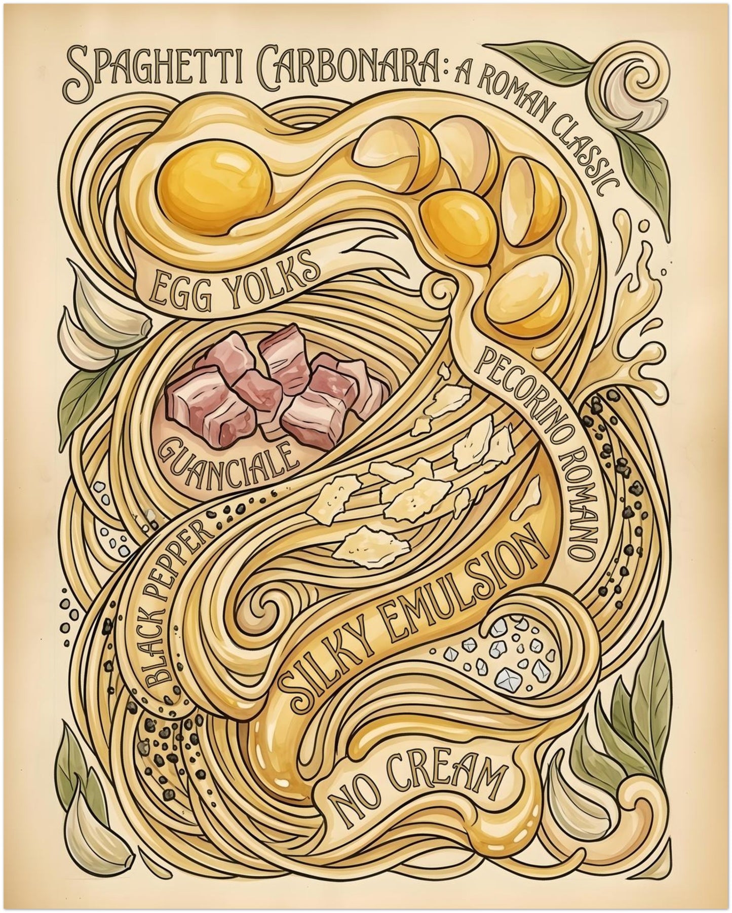 8x10 inch unframed Spaghetti Carbonara Poster showing a vintage Italian recipe style illustration on a soft beige background. The artwork features flowing spaghetti lines, egg yolks, guanciale pieces, pecorino romano, black pepper, garlic and herbs with hand-drawn lettering. A compact pasta print size that works well for kitchen wall art, shelf styling, coffee corners or small food-themed gallery walls.
