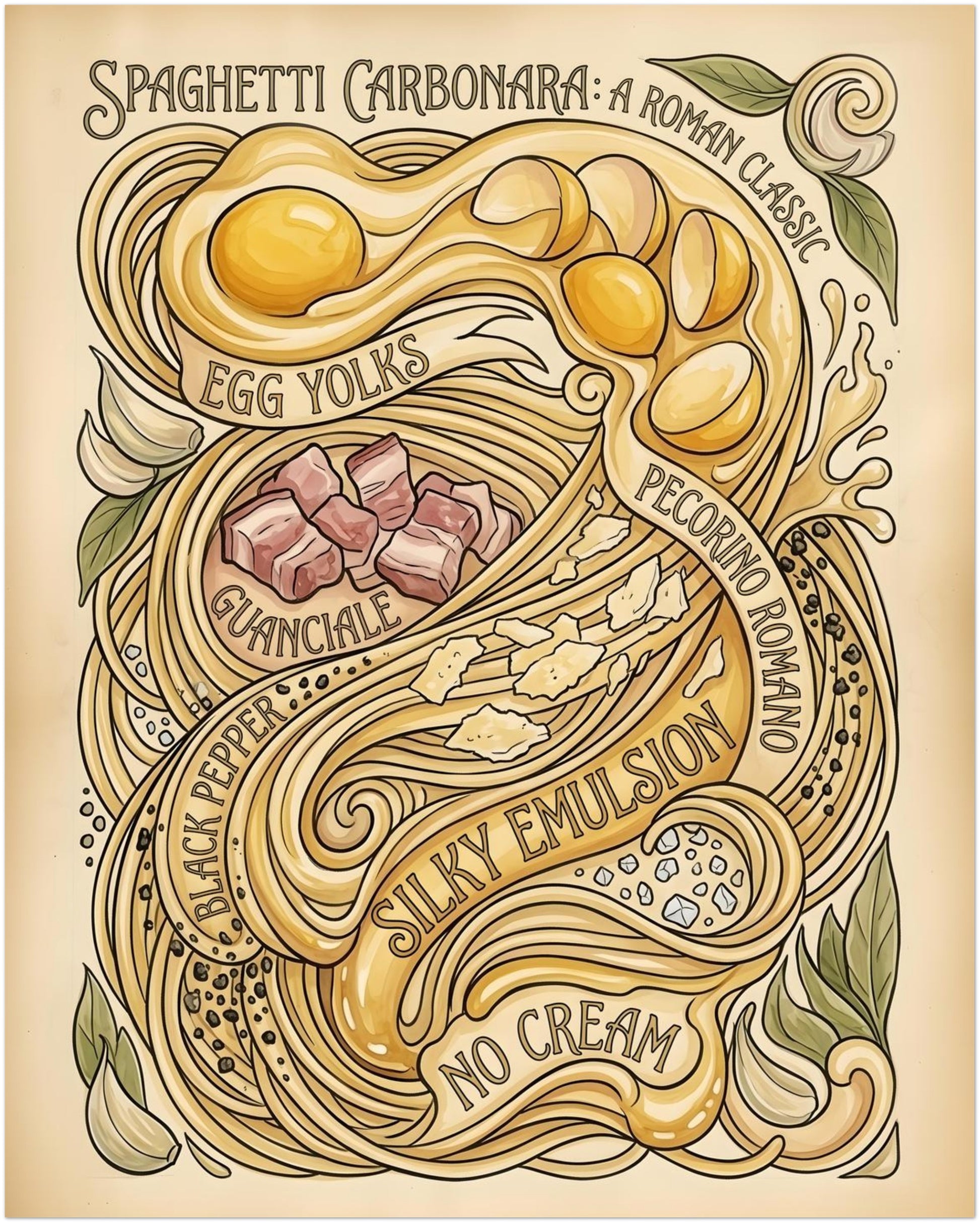 8x10 inch unframed Spaghetti Carbonara Poster showing a vintage Italian recipe style illustration on a soft beige background. The artwork features flowing spaghetti lines, egg yolks, guanciale pieces, pecorino romano, black pepper, garlic and herbs with hand-drawn lettering. A compact pasta print size that works well for kitchen wall art, shelf styling, coffee corners or small food-themed gallery walls.