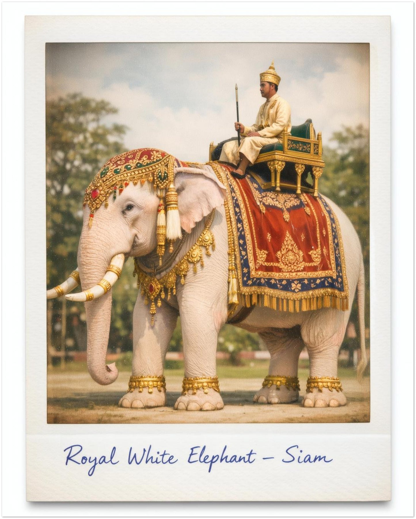 8x10 inch unframed Thailand royal white elephant print designed as an old Polaroid photograph. Shows a decorated white elephant in red and gold ceremonial cloth with gold ornaments and a Thai royal rider holding a staff. A compact Thai heritage wall art option for smaller spaces.
