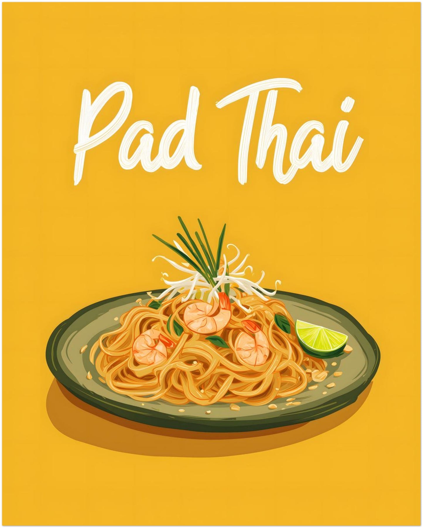 8x10 inch unframed Pad Thai illustration print on a white background with traditional Thai noodles