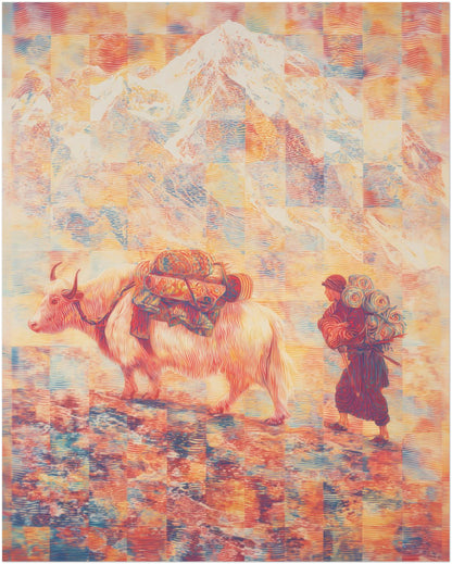 8x10 inch unframed Mount Everest art print showing a Tibetan yak journey through the Himalayas. Small-format psychedelic Everest illustration inspired by mountain travel and culture.