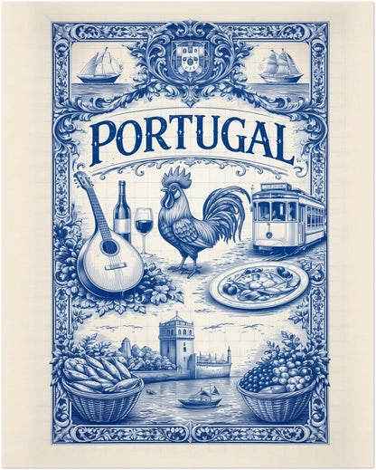 8x10 inch unframed Portuguese tile art print showing a detailed blue azulejo design with cultural symbolism from Portugal, including traditional food, music, transport, and maritime imagery arranged in a classic tile-style composition.