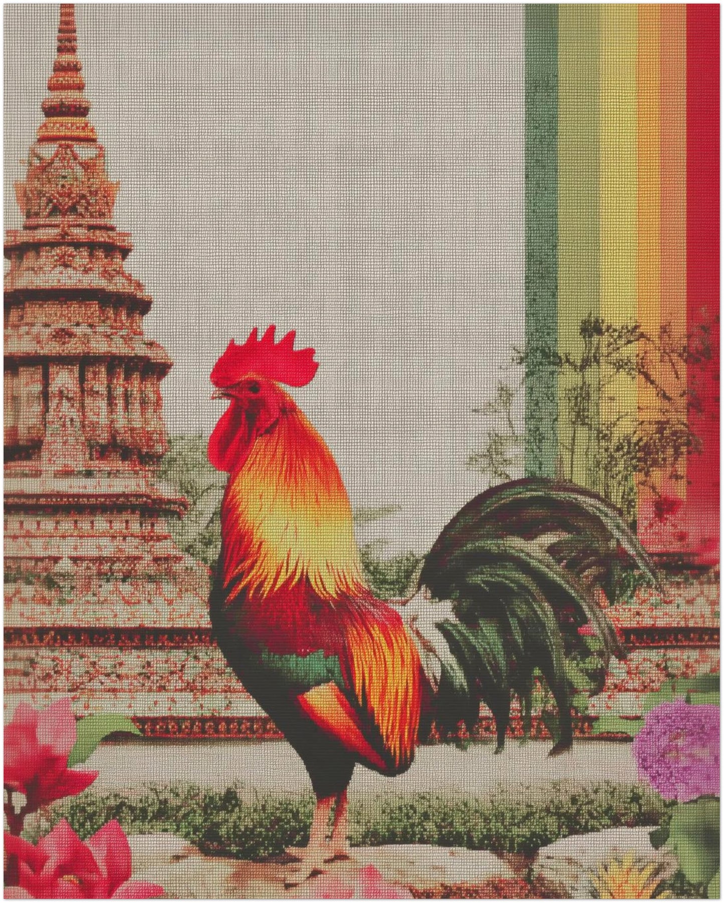 Unframed 8x10 inch Thai rooster wall art print featuring a proud crimson rooster positioned before a pagoda-style temple inspired by Wat Arun. The surface shows visible woven canvas texture, layered feather colouring, and a striking rainbow colour band running vertically beside the temple. A versatile cultural poster ideal for standard frames, bedroom walls, office spaces or mixed gallery displays highlighting Thai symbolism art and temple-inspired decor.