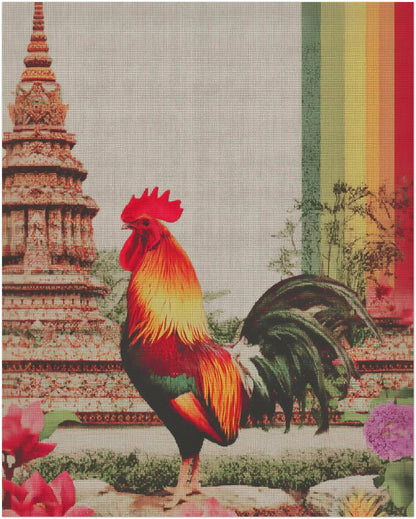 Unframed 8x10 inch Thai rooster wall art print featuring a proud crimson rooster positioned before a pagoda-style temple inspired by Wat Arun. The surface shows visible woven canvas texture, layered feather colouring, and a striking rainbow colour band running vertically beside the temple. A versatile cultural poster ideal for standard frames, bedroom walls, office spaces or mixed gallery displays highlighting Thai symbolism art and temple-inspired decor.