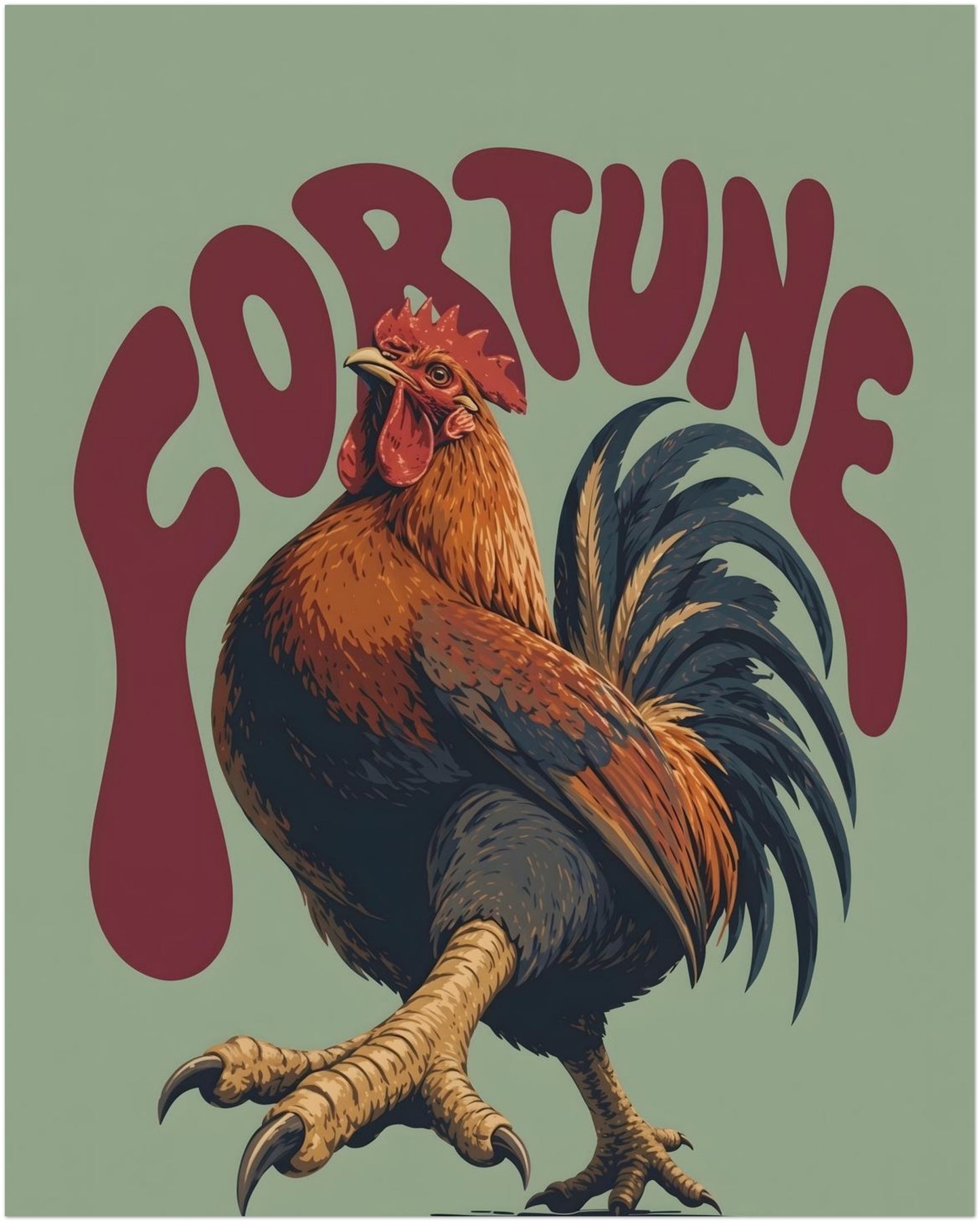 Green and Red Fortune Rooster Print
