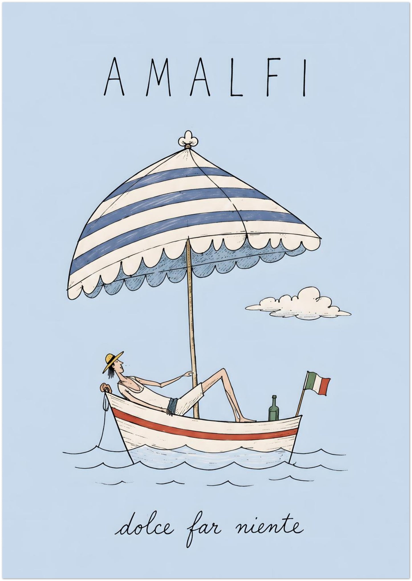 8x12 inch unframed Amalfi poster with a hand-drawn Italian summer boat scene, reclining figure, blue striped parasol, small Italian flag and dolce far niente wording on a soft blue background.