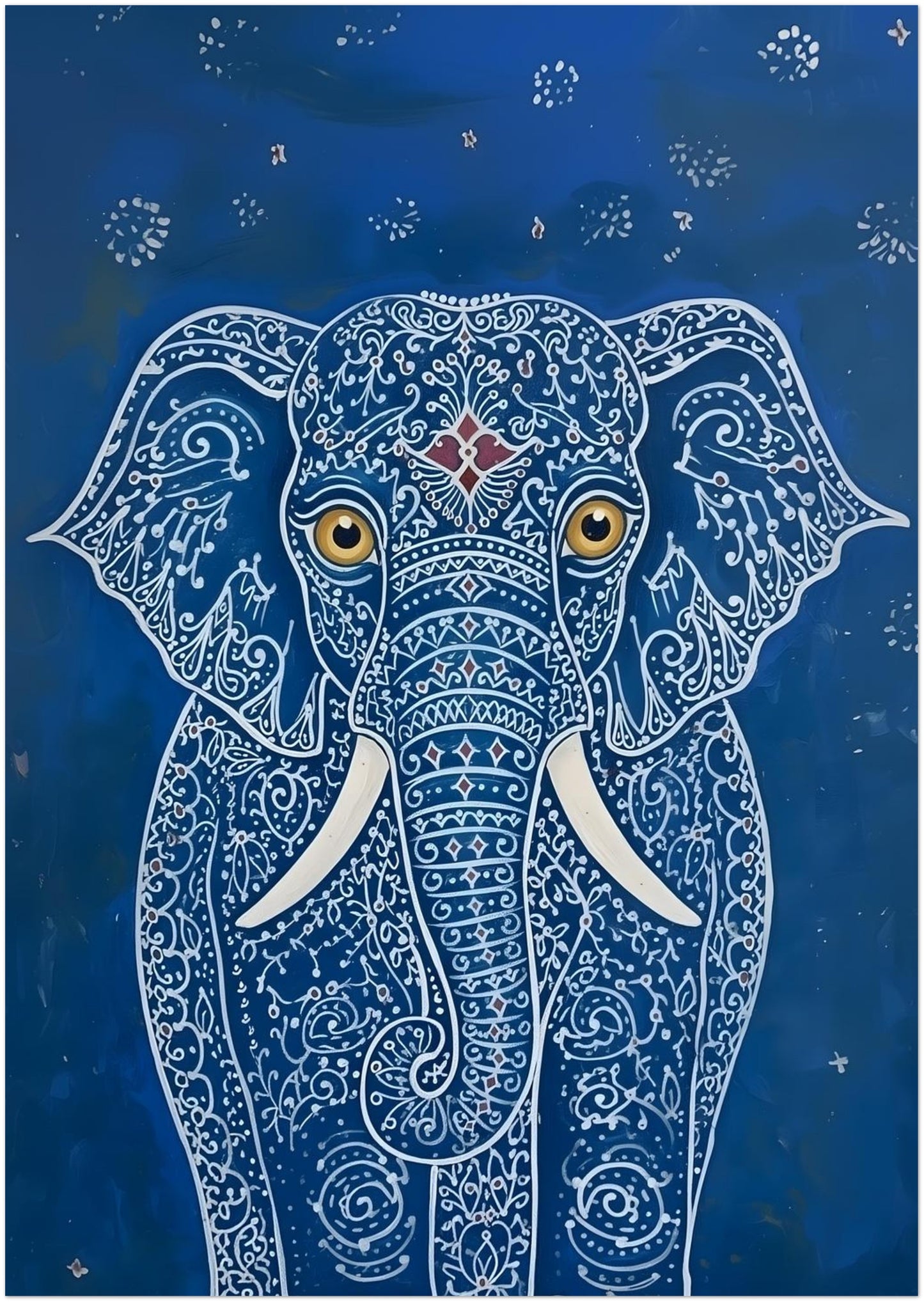 Thumbnail image of the 8x12 unframed Blue Indian Elephant Poster. The portrait artwork shows a front-facing elephant with ornate white pattern lines, gold eyes, white tusks and a deep blue background. A slim vertical elephant poster with Indian-inspired styling, ideal for hallway wall art, narrow spaces, shelf displays or decorative animal print collections in eclectic interiors.