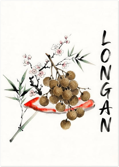 8x12 inch unframed watercolour longan poster with a cluster of brown Thai fruit, soft green bamboo leaves, small pink blossoms and vertical black brush text. This minimalist Asian fruit wall art suits kitchens, dining rooms, food lovers, Thailand travel decor and calm home spaces.