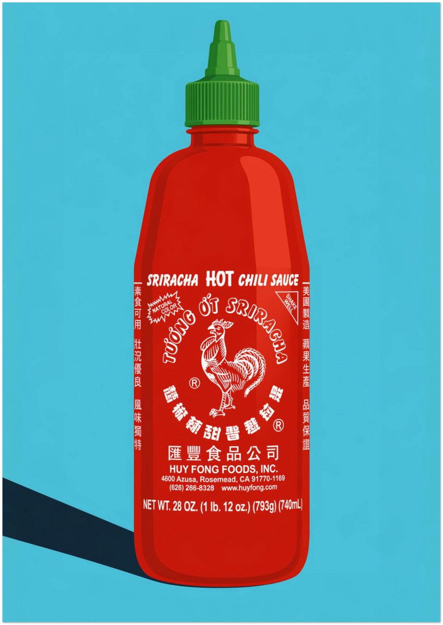 8x12 inch unframed sriracha print with a large red chilli sauce bottle, green cap, white label details and bright blue pop art background. A modern hot sauce poster for kitchen wall decor, dining room wall art, cafe spaces, restaurant decor and bold food lover interiors.