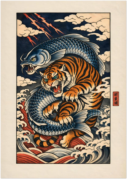 8x12 inch unframed Japanese tiger and koi poster featuring a dynamic orange tiger intertwined with a blue koi fish and powerful ocean waves. Inspired by traditional ukiyo-e woodblock art, the design showcases bold navy, cream and rust tones with detailed linework and red seal accents. Vertical wildlife wall art ideal for compact spaces or gallery wall arrangements.