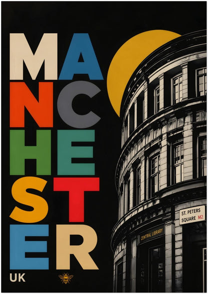 Unframed 8 x 12 inch Manchester Central Library wall art with bold multicoloured lettering, a yellow geometric circle and monochrome architecture on a black background.