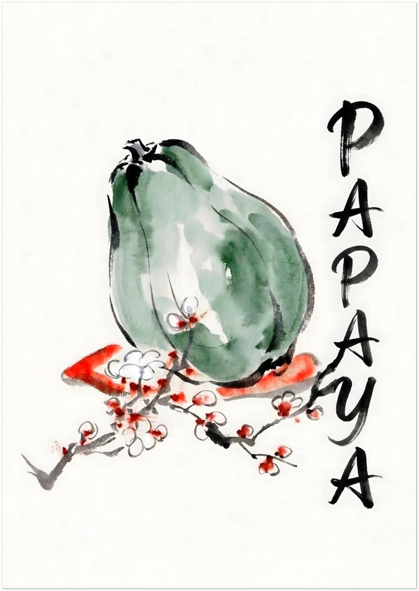8x12 inch unframed papaya wall art shown front facing on a plain background. The print features a soft green papaya, loose black brushwork, a red and white blossom branch, and tall vertical PAPAYA lettering along the side. Tropical fruit poster with a clean watercolour look, ideal for kitchen wall art, botanical decor, minimalist interiors, breakfast nooks and modern Asian inspired styling.