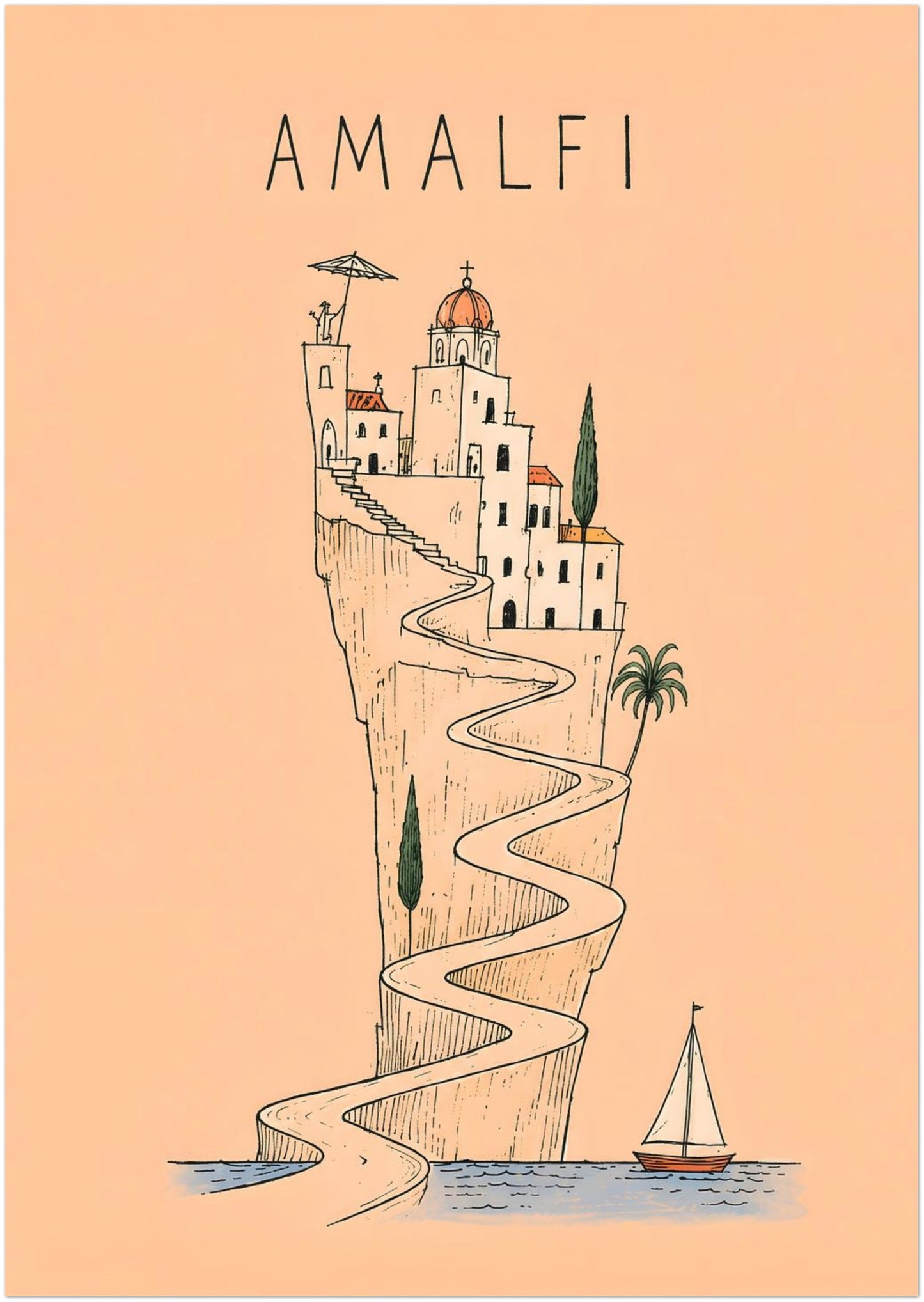 8 x 12 inch Italian travel print showing an illustrated Amalfi cliffside village above a winding road, with terracotta roofs, green trees, a sailing boat and peach background.