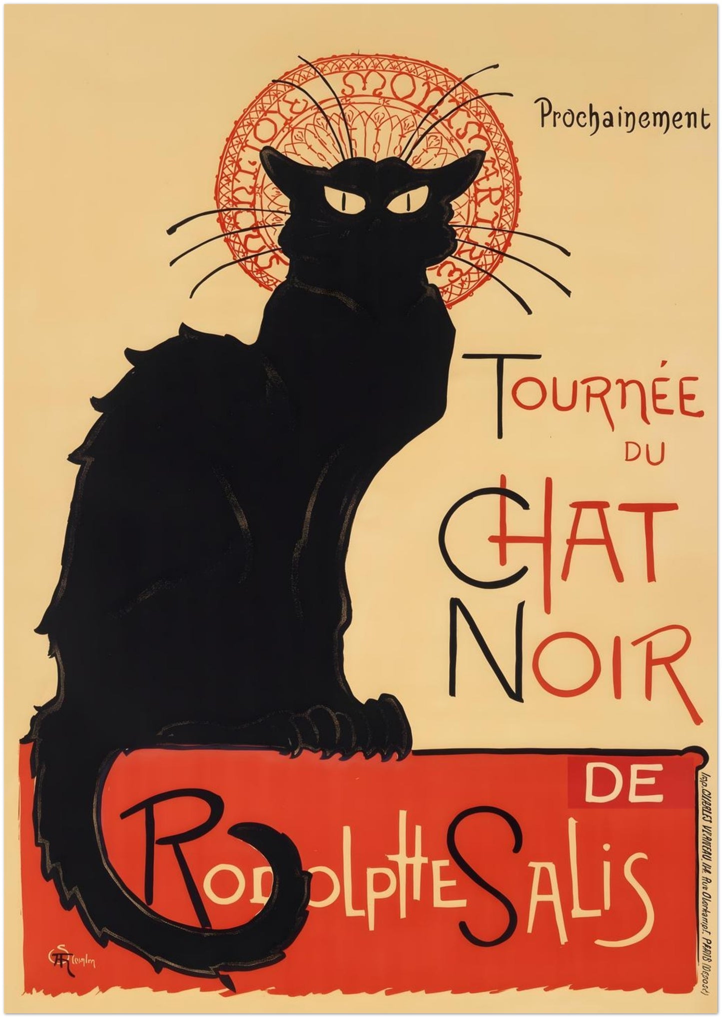 8x12 inch unframed Tournée du Chat Noir poster featuring the iconic black cat silhouette and red halo design by Théophile Steinlen. This French Art Nouveau cabaret print showcases vintage Paris theatre typography and bold graphic contrast, making it a compact black cat wall art option for small spaces, gallery walls or classic French decor displays.