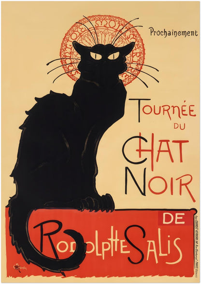 8x12 inch unframed Tournée du Chat Noir poster featuring the iconic black cat silhouette and red halo design by Théophile Steinlen. This French Art Nouveau cabaret print showcases vintage Paris theatre typography and bold graphic contrast, making it a compact black cat wall art option for small spaces, gallery walls or classic French decor displays.