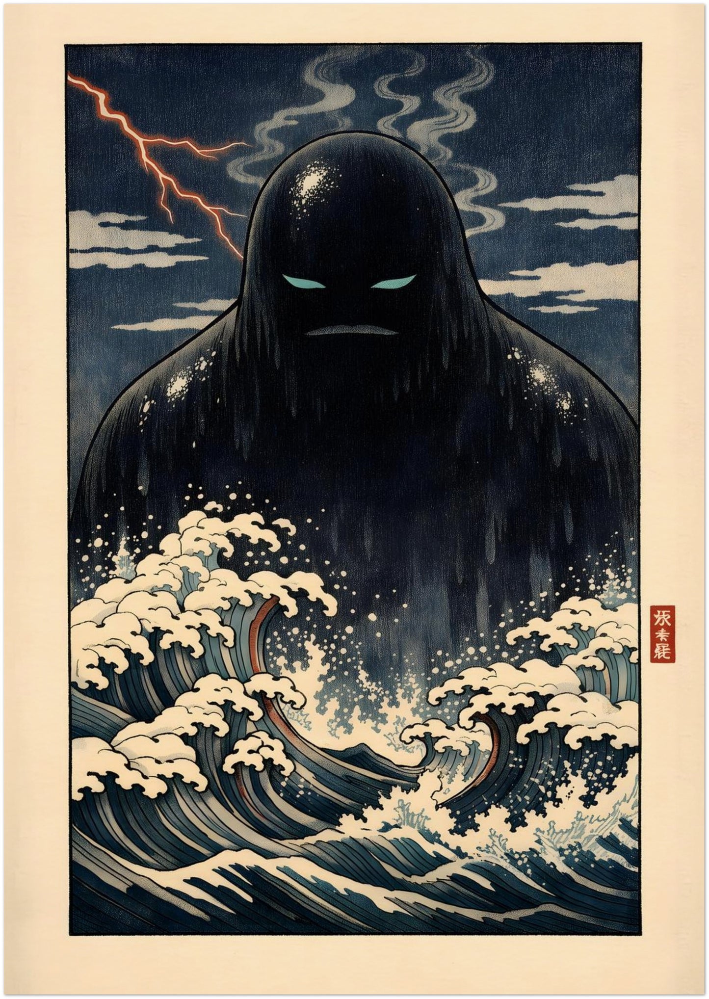 8x12 inch unframed Japanese yōkai poster featuring the Umibōzu sea spirit rising from dramatic curling ocean waves beneath a dark, storm-filled sky. The artwork shows deep navy water, cream foam detailing and a red seal accent, inspired by traditional Japanese woodblock aesthetics. A compact folklore wall art print suitable for shelves, desks or small gallery walls.