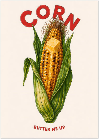8x12 inch unframed corn on the cob print displayed in portrait format. The design shows golden corn kernels, green husks, melted butter, red CORN lettering and the playful phrase BUTTER ME UP. A quirky kitchen poster, food wall art print and retro diner style decor for modern homes.