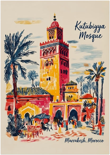 8x12 inch unframed Kutubiyya Mosque print with a colourful view of Marrakech, Morocco in a loose sketch-style travel poster design. The artwork shows the mosque tower, palm trees, archways, people walking and street seating in strong red, yellow, blue and cream tones. A balanced vertical format for anyone searching for Morocco wall art, Marrakech poster or Moroccan architecture print for modern interiors.