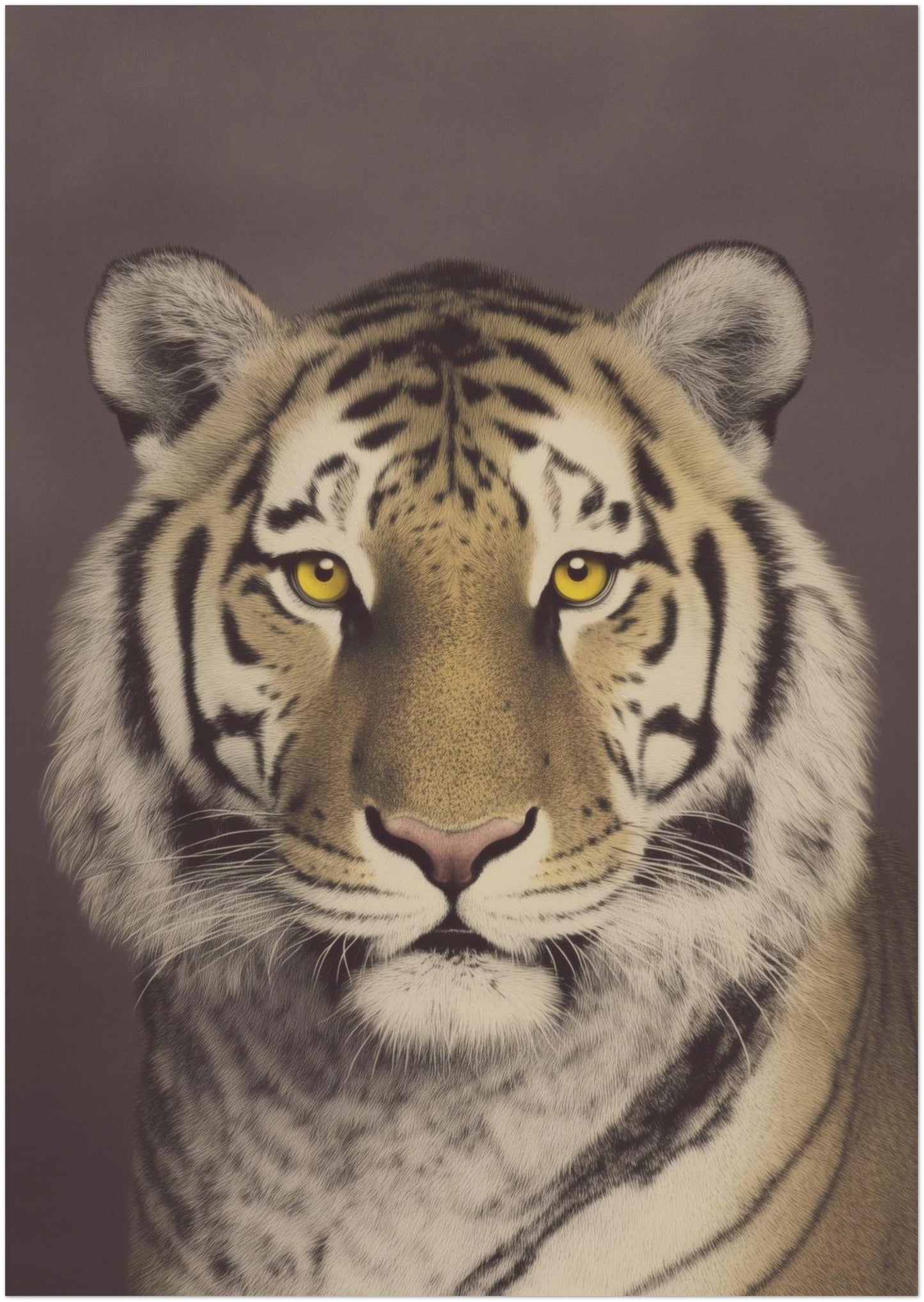 8x12 inch unframed Malayan tiger wall art print featuring a centred close-up portrait with strong black stripes, soft fur detail and warm brown muted background. Vintage photographic style wildlife poster designed for small spaces, gallery walls or shelf styling in living rooms, offices or studies.
