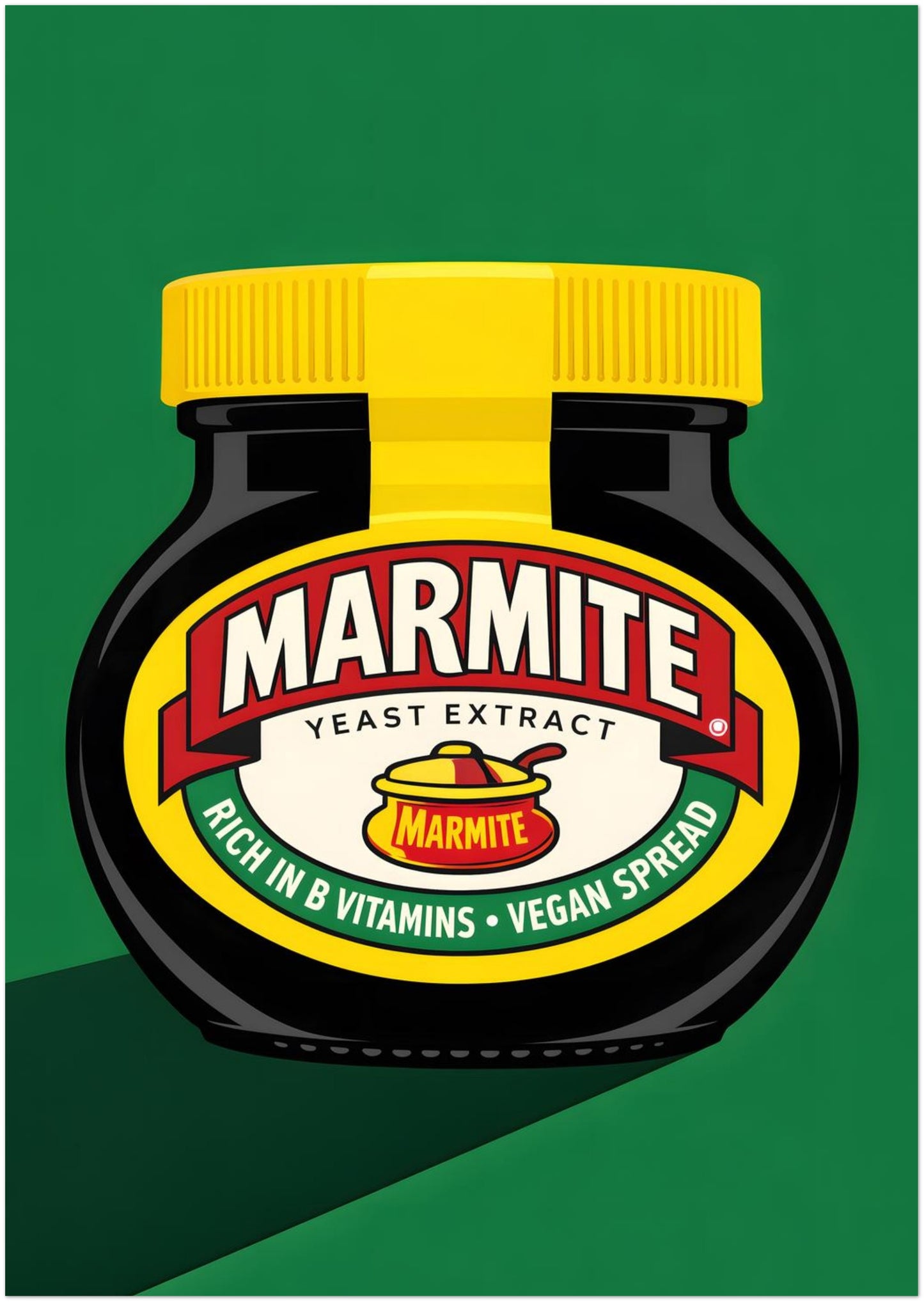 8x12 inch unframed Marmite wall art featuring the classic black jar, yellow lid and bold red logo on a flat green background. The tall format keeps the design simple and striking, with a clean pop art finish inspired by British food culture. Ideal for contemporary kitchen wall art, modern food-themed decor or a narrow wall space that needs a playful graphic print.