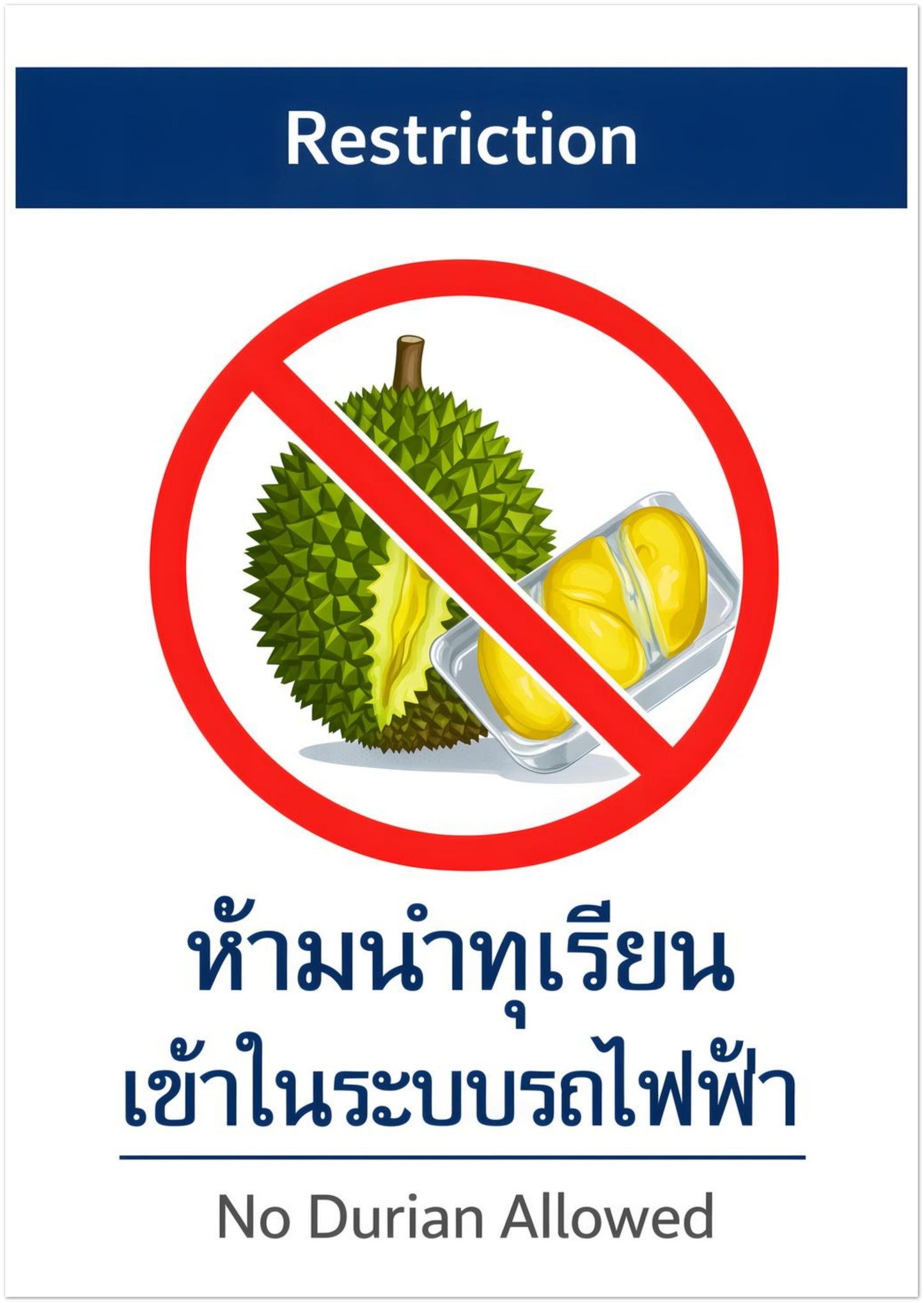 8x12 inch unframed No Durian Allowed poster inspired by Bangkok BTS and Thai metro system restriction signage. Features a bold red prohibition circle over a durian fruit with bilingual Thai and English text beneath. Clean, minimalist Southeast Asian food warning sign print designed as modern kitchen wall art or travel memory decor.
