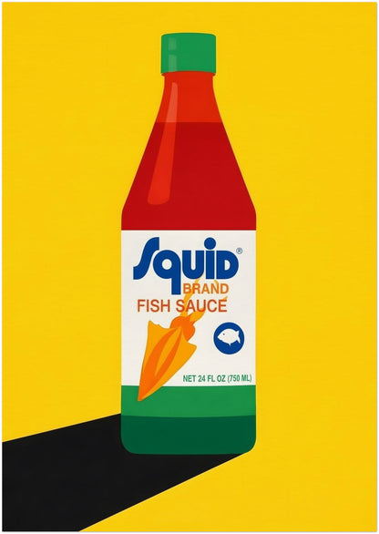 8x12 inch unframed Thai fish sauce poster showing a stylised Squid Fish Sauce bottle in the centre of a bold yellow print. The composition is simple, colourful and graphic, with strong contrast and clean shapes that give it a playful pop art feel. A striking kitchen wall art option for food lovers, Thai decor fans, gallery walls and homes looking for modern pantry-inspired poster prints.