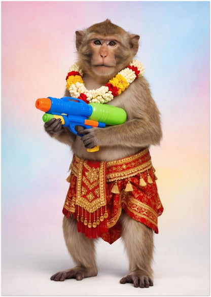 8x12 inch unframed Thai Songkran Monkey wall art shown as a clear product image with full artwork visible. The monkey stands upright wearing a detailed red and gold Thai outfit, a floral garland and holding a bright water gun against a pastel background. Ideal image for monkey print, Songkran poster, Thailand wall art, Thai culture wall art and playful animal decor product pages.