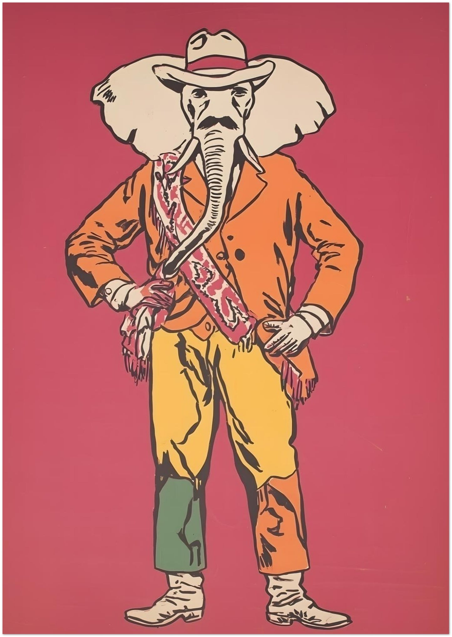 8x12 inch unframed cowboy elephant wall art print with a full-length elephant character dressed in western clothing on a rich red background. The orange jacket, patterned sash, yellow trousers and cowboy hat give the artwork a bold and quirky look. A fun western poster for home offices, man caves, games rooms, eclectic interiors and Americana-inspired wall decor.
