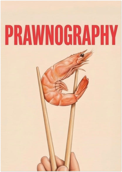 8x12 inch unframed Prawnography poster featuring a shrimp held in chopsticks beneath strong red PRAWNOGRAPHY lettering. The cream background keeps the layout neat and minimal, making the food illustration stand out clearly. A playful piece of kitchen wall art with modern graphic styling, ideal for dining areas, home bars and simple interiors that suit funny food prints.