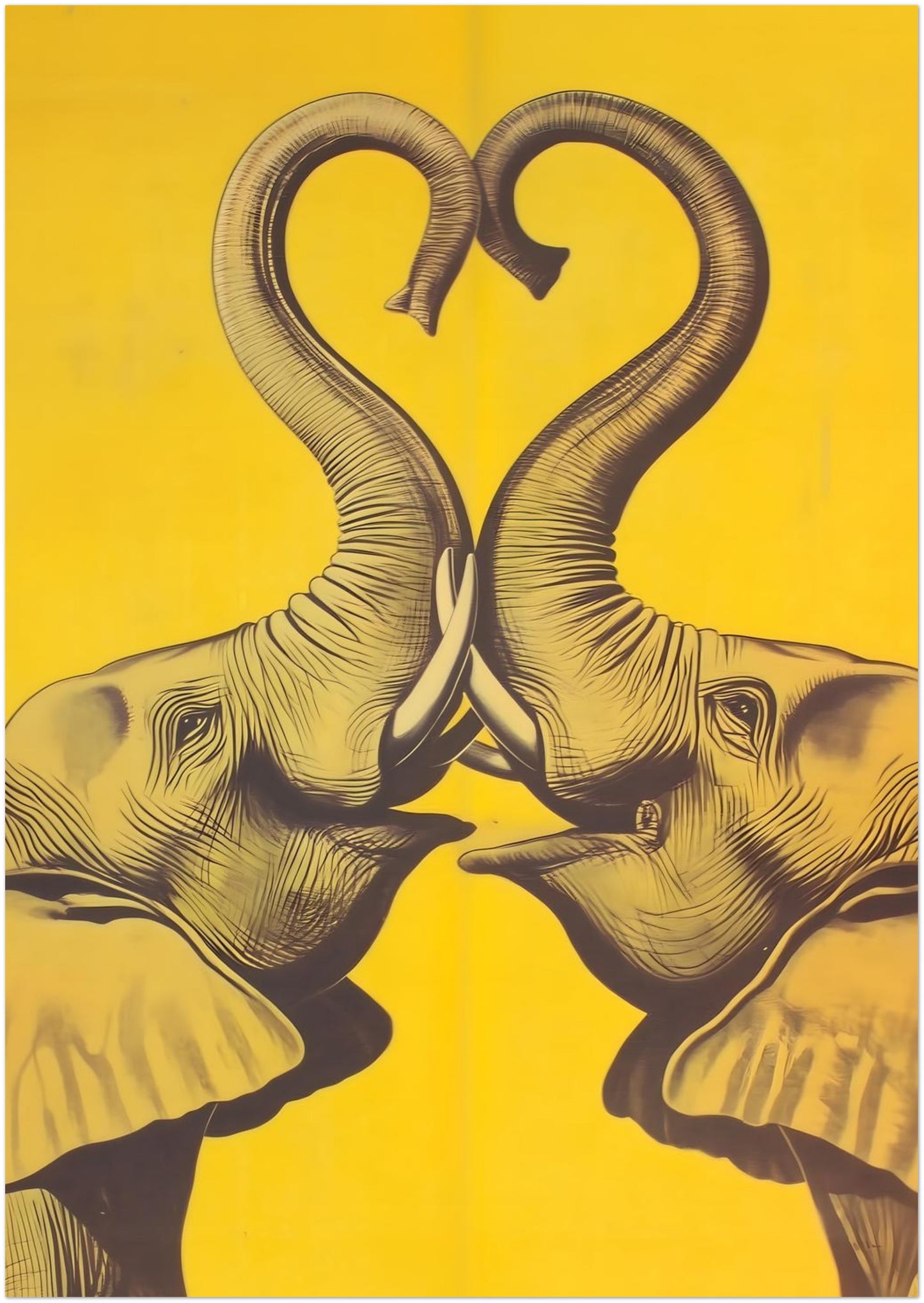 8x12 unframed elephant heart art print with a vertical layout and bold yellow background, shown as a plain product image on white. Two mirrored elephants face inward and create a heart shape with their raised trunks, giving the design a balanced and romantic look. Strong listing image for elephant poster, elephant wall decor, yellow elephant wall art, modern animal print, and cultural home decor keywords.